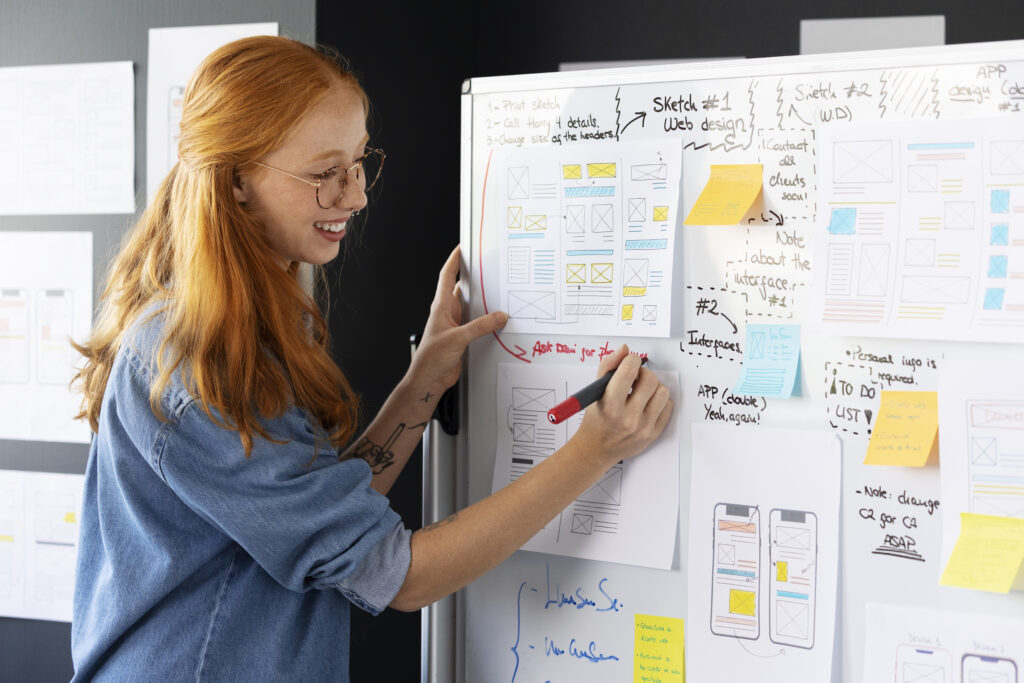 web designerin mit flipchart skizzen office
