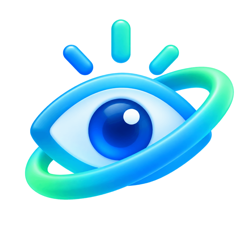 3D-Illustration eines Auges in Blau- und Grüntönen als Symbol für Vision und Zukunft.
